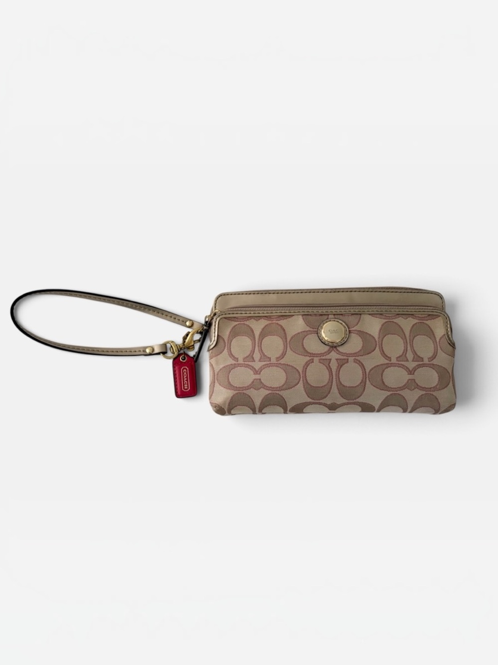 COACH Signature C Poppy Canvas Wristlet Wallet Khaki Tan Pink Double Zip 47897
